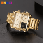 Skmei - 1584(chain) - Sports Quartz Waterproof Tiple time - Gold-Steel - Image 3