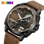 SKMEI 2289 Skeleton Dial Leather Strap Watch- Black/LightBrown