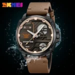 SKMEI 2289 Skeleton Dial Leather Strap Watch- Black/LightBrown - Image 2