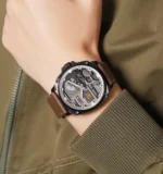 SKMEI 2289 Skeleton Dial Leather Strap Watch- Black/LightBrown - Image 4