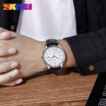 Skmei - 9298 - Leather Strap Casual Analog Quartz Watch - Silver/Silver-Black - Image 3