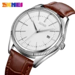Skmei - 9298 - Leather Strap Casual Analog Quartz Watch - Silver/Silver-Brown