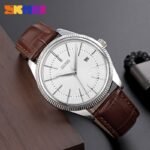 Skmei - 9298 - Leather Strap Casual Analog Quartz Watch - Silver/Silver-Brown - Image 3