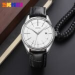 Skmei - 9298 - Leather Strap Casual Analog Quartz Watch - Silver/Silver-Black - Image 2
