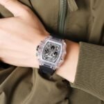 SKMEI 2305 Tonneau Skeleton Dial Chronograph Watch - White/Transparent-Black - Image 3