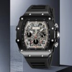 SKMEI 2305 Tonneau Skeleton Dial Chronograph Watch - Black/Black - Image 6