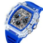 SKMEI 2305 Tonneau Skeleton Dial Chronograph Watch - white/transparent/blue