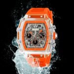 SKMEI 2305 Tonneau Skeleton Dial Chronograph Watch - White/Transparent-Orange - Image 5