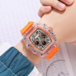 SKMEI 2305 Tonneau Skeleton Dial Chronograph Watch - White/Transparent-Orange - Image 3
