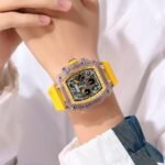 SKMEI 2305 Tonneau Skeleton Dial Chronograph Watch - White/Transparent-Yellow - Image 3