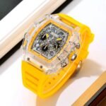 SKMEI 2305 Tonneau Skeleton Dial Chronograph Watch - White/Transparent-Yellow - Image 4
