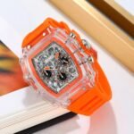 SKMEI 2305 Tonneau Skeleton Dial Chronograph Watch - White/Transparent-Orange - Image 4