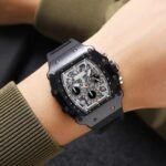 SKMEI 2305 Tonneau Skeleton Dial Chronograph Watch - Black/Black - Image 3