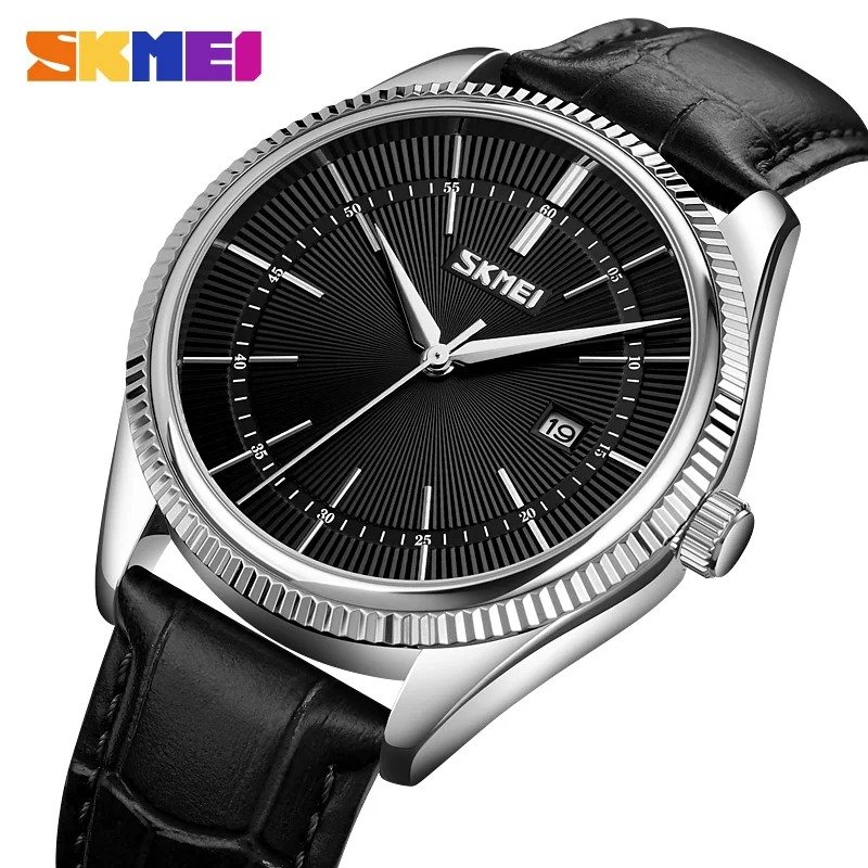 9298 (4) Skmei - 9298 - Leather Strap Analog Quartz Watch - Silver/Black-Black - Image 1