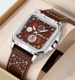 SKMEI - 9330 - Premium Down Second Square Dial Watch - silver/brown - Image 3