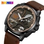 SKMEI 2289 Skeleton Dial Leather Strap Watch - black/darkbrown