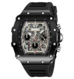 SKMEI 2305 Tonneau Skeleton Dial Chronograph Watch - Black/Black - Image 2