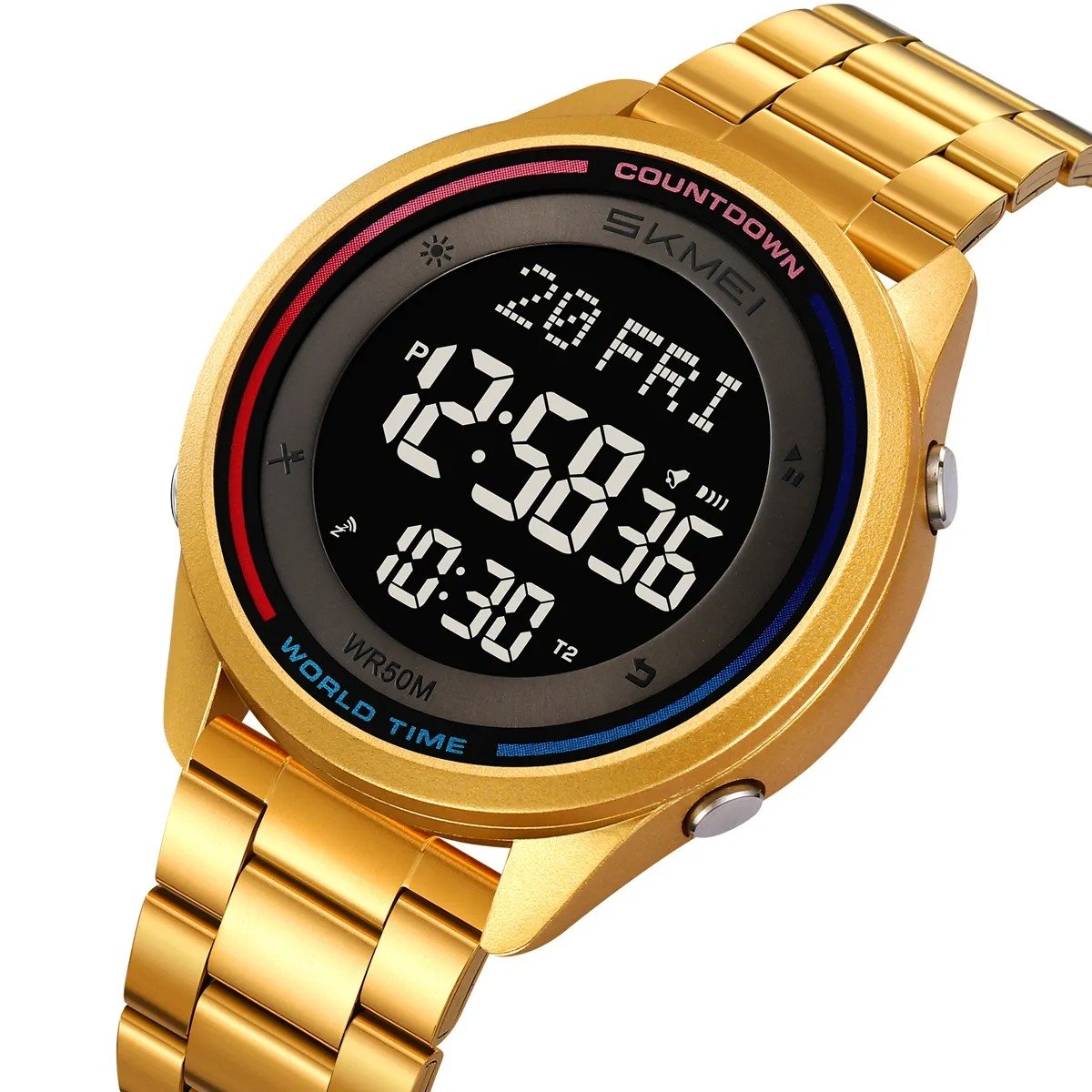 2412 (30) SKMEI 2412 Digital Countdown World Time Sports Watch - Gold/steel - Image 1