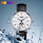 SKMEI 9308 Moon Phase Roman Leather Watch - silver/black - Image 5