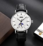 SKMEI 9308 Moon Phase Roman Leather Watch - silver/black - Image 3