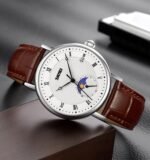 SKMEI 9308 Moon Phase Roman Leather Watch - silver/brown - Image 3
